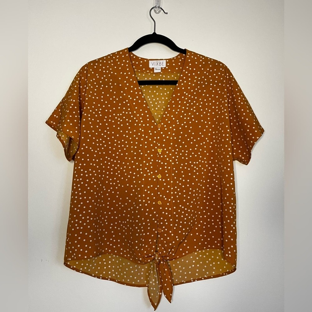 VIXBE Mustard Polka Dot Tie‎ Front Blouse Size XS